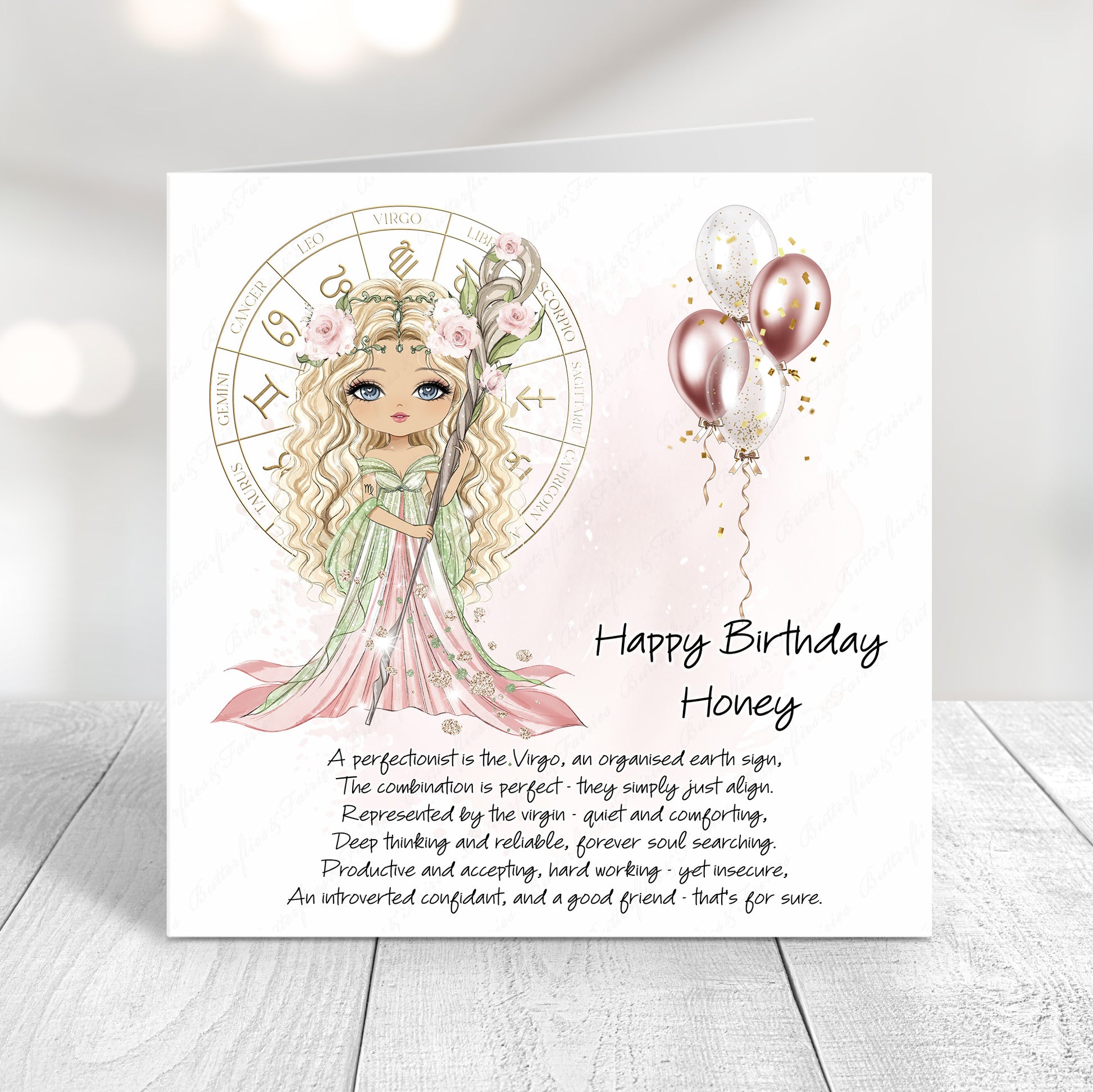 Personalised Virgo zodiac birthday card with floral illustration, pastel tones, and custom name on front