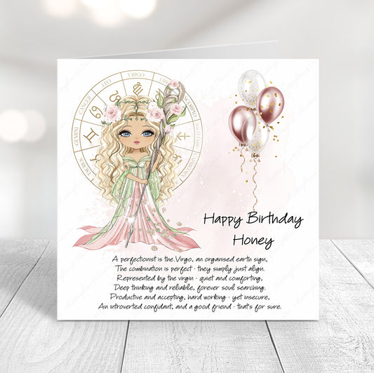 Personalised Virgo zodiac birthday card with floral illustration, pastel tones, and custom name on front